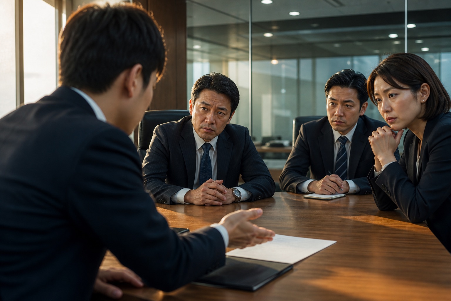 会議室で真剣に話し合うビジネスパーソンたち